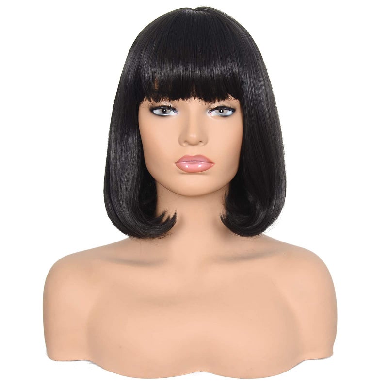 morvally Short Black Bob Wig with Bangs for Women Heat Resistant Straight Bob Synthetic Hair Wigs for Cosplay Halloween Costume Party Daily Wear (14", 2# Black) - Image 1